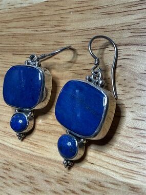 Sterling Silver Lapis Drop Earrings Deep Blue Stone Dangles